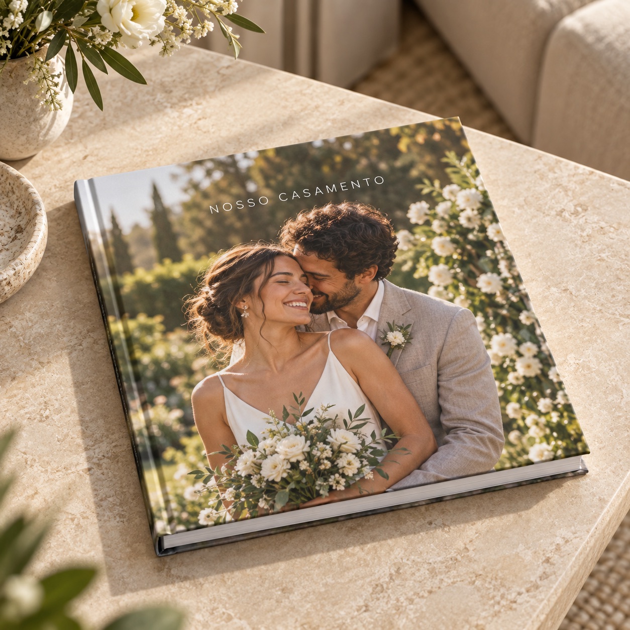 Inspiração ilustrativa de fotolivro de casamento em ambiente de sala.
