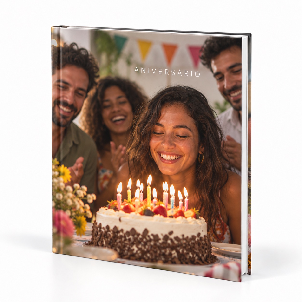 Inspiração ilustrativa de fotolivro de aniversário com capa personalizada.