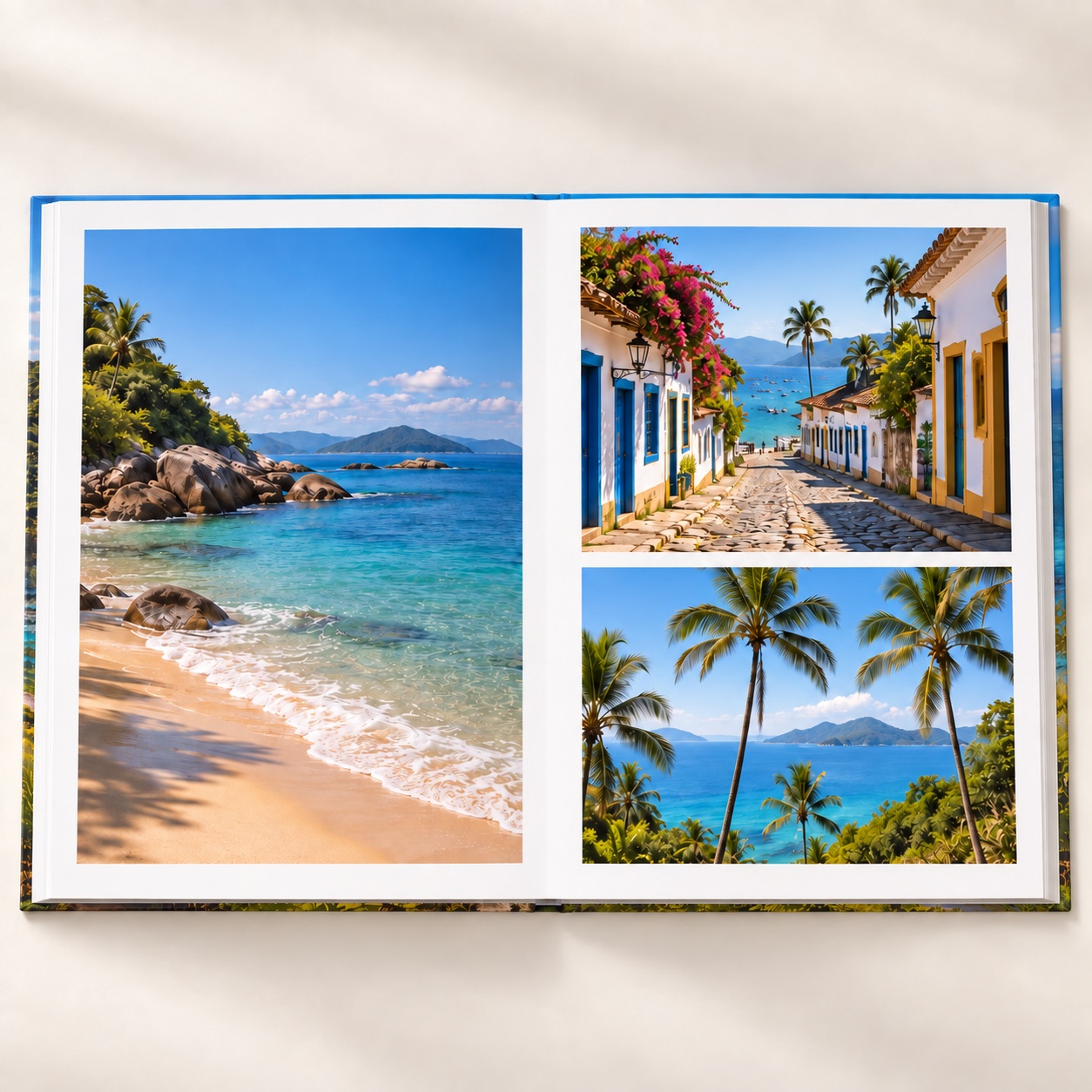 Ilustração de fotolivro aberto com lâminas planas e fotos de praia e viagem.