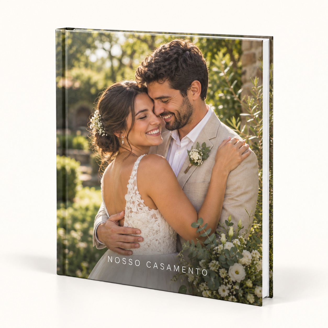 Inspiração ilustrativa de fotolivro de casamento com foto do casal na capa.