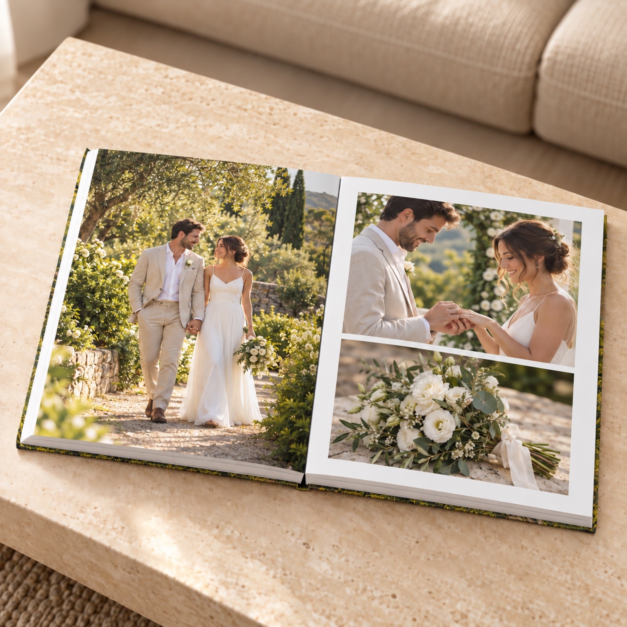 Ilustração de fotolivro de casamento aberto com lâminas planas sobre mesa de centro.