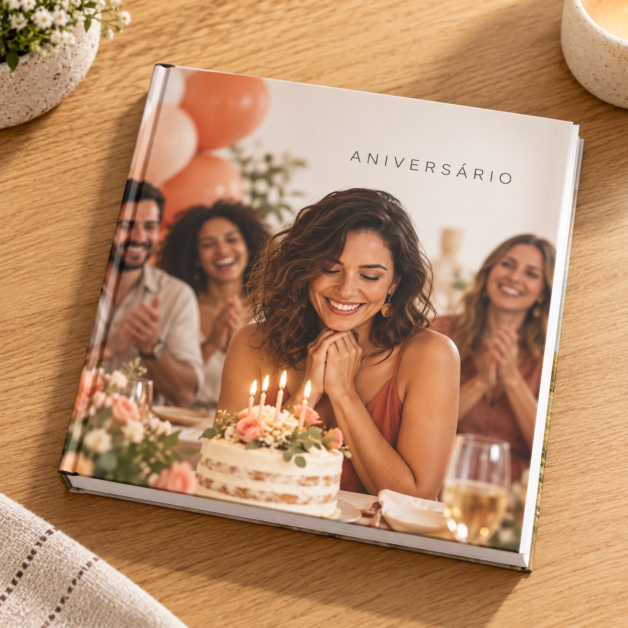 Inspiração ilustrativa de fotolivro de aniversário com capa fotográfica sobre mesa clara.