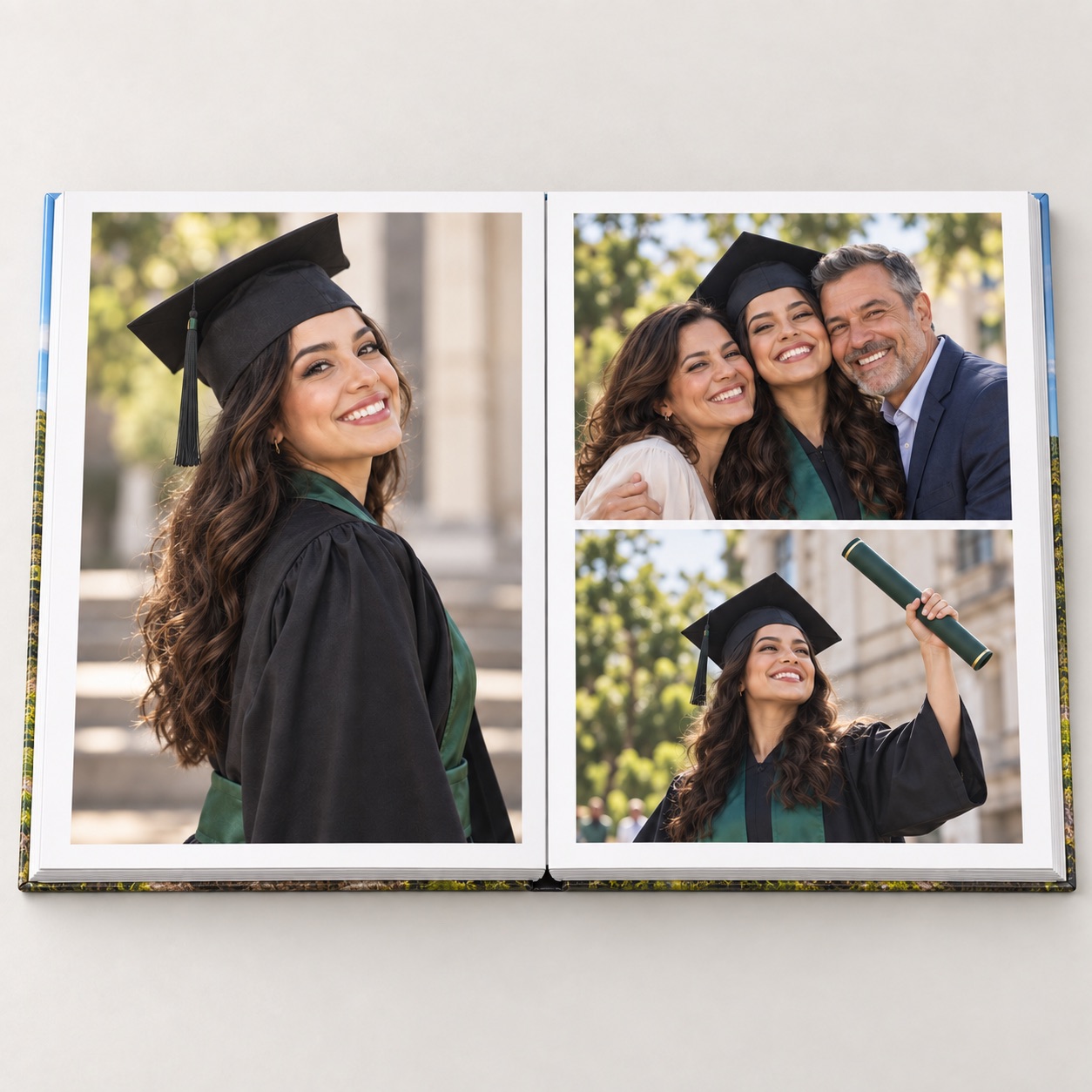 Ilustração de fotolivro de formatura aberto com lâminas planas e fotos da celebração.