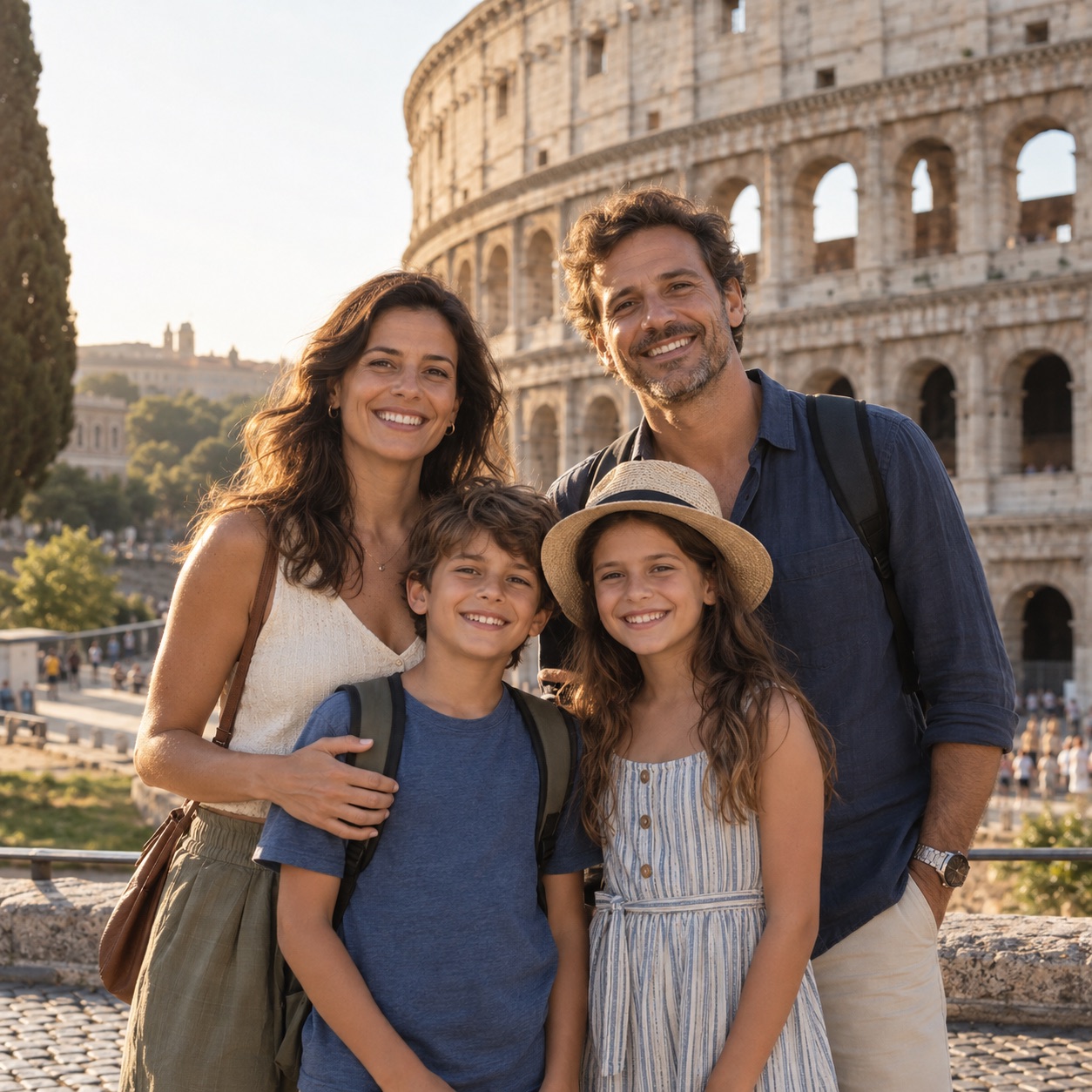 Imagem ilustrativa de uma família fictícia em viagem à Itália, com o Coliseu ao fundo.